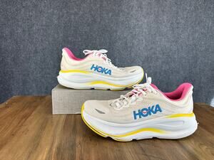 HOKA Bondi 9 Women’s Running Shoes White Pink Yellow Blue Sneakers SZ 10.5